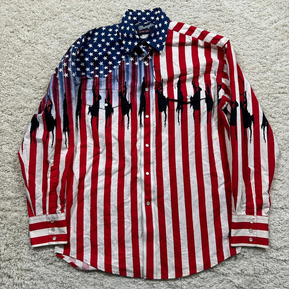 Vintage Wrangler Western Shirt Large American Flag Horse AOP Pearl Snap Rodeo